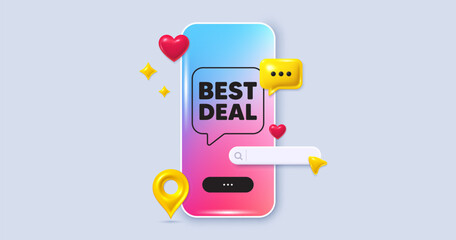 Wall Mural - Best deal tag. Social media phone app banner. Special offer Sale sign. Advertising Discounts symbol. Social media search bar, like, chat 3d icons. Best deal message. Vector