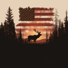 Wall Mural - a deer stands in front of an american flag