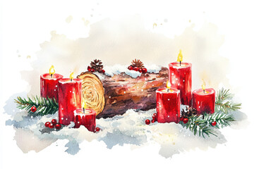 Wall Mural - Watercolor illustration of a christmas log with burning red candles, pine branches and red berries on snow