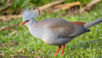 Wall Mural - Kagu from New Caledonia displaying its crest on a grassy field; Rhynochetos jubatus in natural habitat