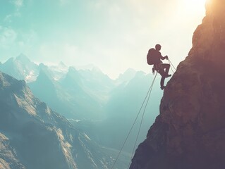 a man is climbing a mountain with a rope