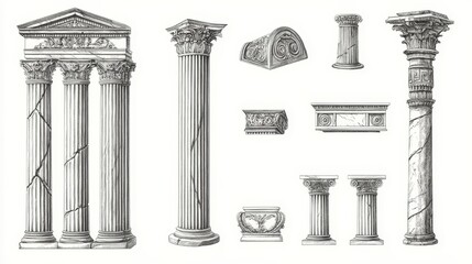 Wall Mural - hand-drawn illustration of ancient greek architectural elements, including columns, pillars, and con