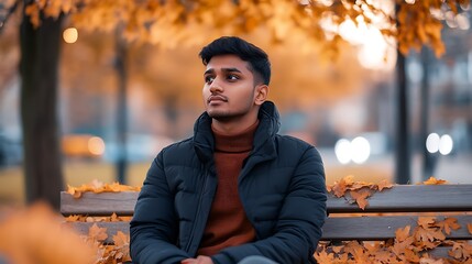 Wall Mural - A portrait of a South Asian man sitting on a bench, surrounded by fallen autumn leaves.