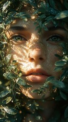 Canvas Print - Golden Glow: Woman's Face Hidden in Lush Greenery