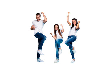 Wall Mural - Full body photo of daddy mommy and small lady raising fists air rejoicing wear casual outfit isolated blue background