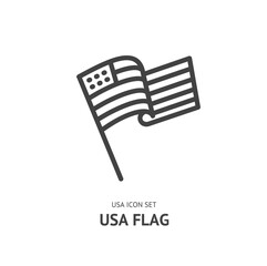 Wall Mural - Wavy USA Flag on Flagpole Black Thin Line Icon American Symbol Concept. Vector illustration of National and Patriotic Element