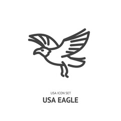 Wall Mural - USA Bald Eagle Flying with Spread Wings Black Thin Line Icon American Symbol Concept. Vector illustration