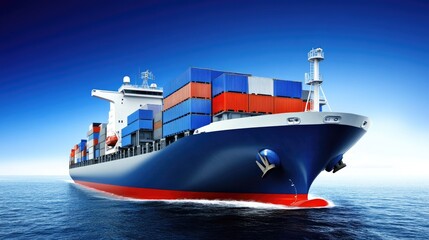 A majestic cargo ship sails on tranquil waters under a vast blue sky, showcasing maritime commerce in its serene beauty