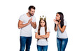 © deagreez - Daddy mommy proud of small lady wearing diadem hate being princess isolated blue background