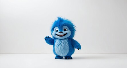 Adorable blue creature with fluffy fur and a wide smile on a blank white backdrop