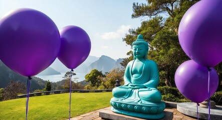 Wall Mural - Bold purple balloons in a picturesque setting with a large jade Buddha statue