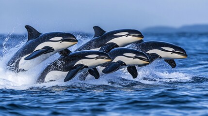 Wall Mural - five orcas leap out of the water, creating splashes and foam, with a blue sky and land in the backgr