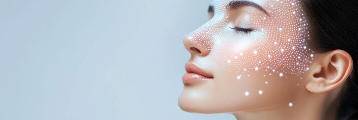 Poster - Abstract representation of skincare procedures on a woman's face against a soft background, showcasing beauty treatment techniques. Generative AI