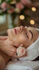 A serene image of a woman in a spa-like setting, with eyes closed, a towel on her head, and a rose nearby. Soft lighting adds to the tranquil atmosphere.