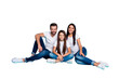 © deagreez - Full length body size photo of charming nice family wearing jeans t-shirts white loving each other while isolated with blue background