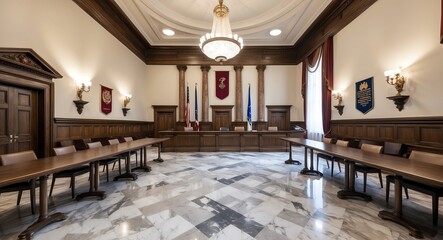 Wall Mural - Elegant courtroom with marble floors and ornate decor creating a stately atmosphere with room for banners