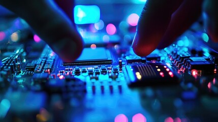 A close-up of a technician programming a microcontroller using a computer interface.