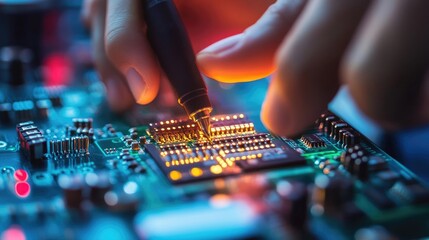 A close-up of a technician programming a microcontroller using a computer interface.
