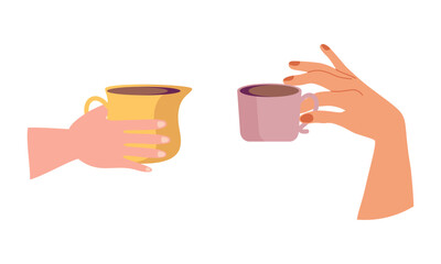 Hands with hot drink cups. Beverages ceramic mugs