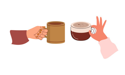 Hands with hot drink cups. Beverages ceramic mugs