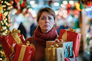 stressed woman is holding many christmas presents while shopping in a crowded mall