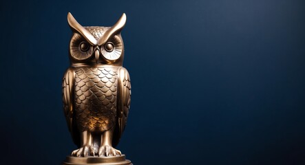 Majestic bronze owl statue on a deep navy blue background facing forward