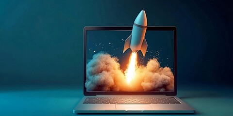 Rocket coming out of laptop screen, innovation and creativity concept, background.