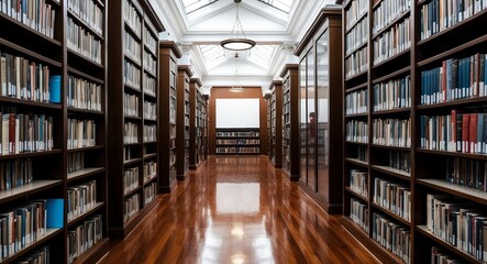 Wall Mural - Spacious library aisle with polished floors surrounded by towering bookshelves and large blank walls for copy