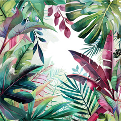 Wall Mural - Exotic watercolor tropical leaves and plants background,  Exotic  tropical leaves banner, and poster for summer and spring with monster and banana and palm leaves