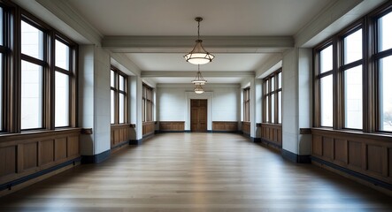 Wall Mural - Wide empty courthouse corridor with large windows letting in natural light perfect for legal marketing content