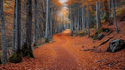 A forest trail covered in fallen leaves, winding between tall, majestic trees, inviting a quiet, reflective walk.