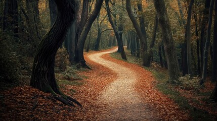 A forest trail covered in fallen leaves, winding between tall, majestic trees, inviting a quiet, reflective walk.