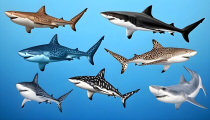 Isolated white shark, bull shark, and leopard shark against a vibrant backdrop