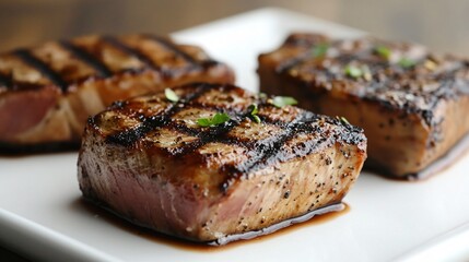 Close-up of three perfectly cooked and grilled tuna steaks on a white plate.