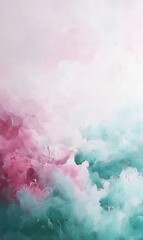 Poster - Abstract painting, surrealistic landscape, light pink and pale green tones, low-angle shot, soft brushstrokes, dynamic composition, watercolor 