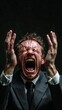 © Sasint - A businessman slamming his hands on a desk, his face red with anger and stress