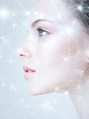 Poster - Abstract lines and dots creating a futuristic skincare procedure diagram against a soft background highlighting beauty techniques. Generative AI