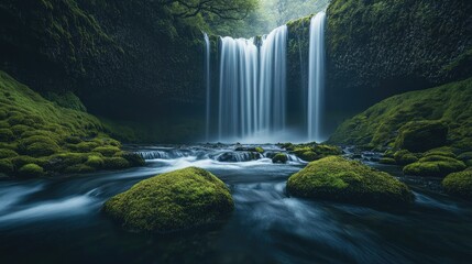 A long-exposure shot of a waterfall, creating silky, smooth water streams as they flow over moss-covered rocks in a serene forest setting.