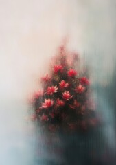 Poster - Abstract painting with soft, pink and red colors, blurred flowers in the fog, and an atmospheric installation with a high-end texture.