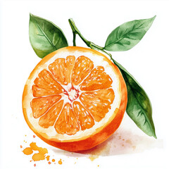 Sticker - Watercolor illustration. Fresh orange with green leaves isolated on a white background. Half a tangerine. Christmas sweet fragrant tangerine. 