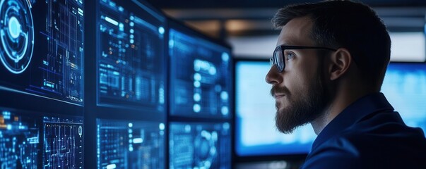Man observing data screens with blue interfaces.