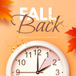 © Heiness - Fall Back. Daylight saving time ends banner with realistic wall clock and colorful autumn maple leaves on orange background. Change your clocks back an hour on November 3, 2024. Vector illustration