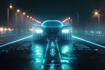 A wireframe hologram of a car on the road, depicted with glowing blue lines and white dots representing its digital structure.. AI