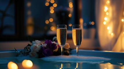 A romantic bath setup with champagne glasses, a bouquet of flowers, and dim lighting.