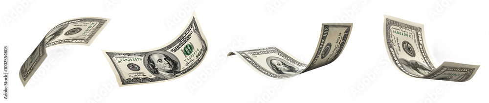 Realistic floating 100 dollar bills, money flying through the air ...