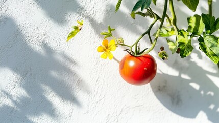 Canvas Print - Bright red tomato ripening on the vine with a yellow flower against a textured white wall in warm sunlight