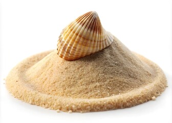 Seashell in sand pile isolated on white background