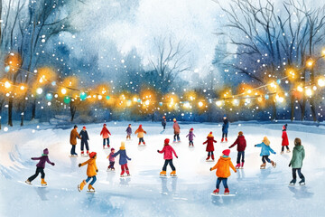 Watercolor painting of people enjoying ice skating on a rink in a city park, illuminated with string lights, during a snowy evening