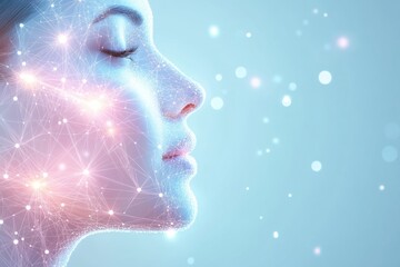 Poster - An abstract composition features a profile illuminated with lines and dots mimicking skincare procedure diagrams against a blue backdrop