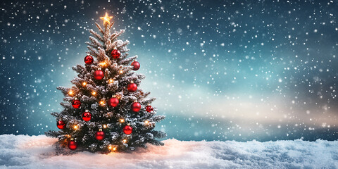 Snowy Christmas Tree Outdoors with Magical Twilight Sky